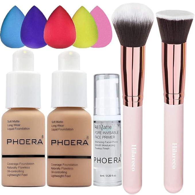 PHOERA Foundation 104 and 105 & Face Primer,Liquid Full Coverage Foundation Set,Foundation Brush Powder Brush,5 Makeup Sponge,30ml PHOERA 24HR Matte Oil Control Concealer (104 Buff Beige + 105 Sand)-Velvo Beauty