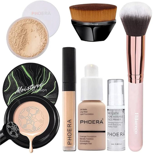 Mushroom Head Air Cushion CC Cream Natural Foundation,PHOERA Foundation,PHOERA Concealer, PHOERA Primer, PHOERA Powder, Kabuki Makeup Brushes Foundation (101 Porcelain+01 Ivory CC)-Velvo Beauty