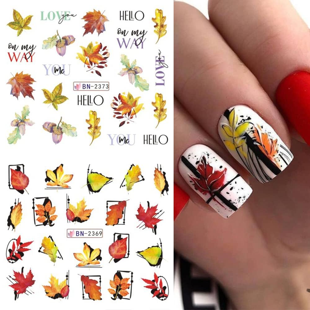 Maple Leaf Nail Art Stickers Fall Nails Water Transfer Slider Foils Autumn Nail Decorations, Harvest Pumpkin Pinecone Maple Leaves Pattern Acrylic Nail Sticker for Thanksgiving Nail Art Supplies 12Pcs-Velvo Beauty
