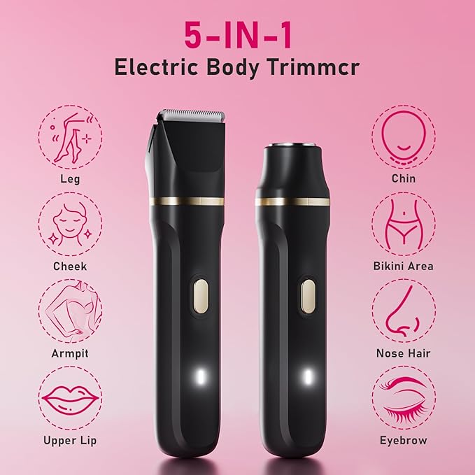 Electric Razors for Women, 5-in-1 Wet/Dry Bikini Trimmer with USB Charge Dock, Deluxe Facial Hair Removal, Wet/Dry Body Shaver for Nose Eyebrows Beard Underarm Leg Arm, IPX7 Waterproof (Black)-Velvo Beauty