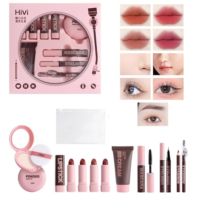 LAMUSELAND Makeup Kit for Women Girls Full Kit, 9 Pieces All in One Professional Makeup Gift Set for Beginner, include Lipstick, Eyebrow, Eyeliner, BB Cream, Powder, Mascara (B)-Velvo Beauty