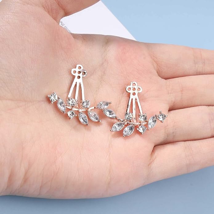 Boho Crystal Leaf Ear Jackets Earrings Gold Cz Crystal Earrings Rhinestone Front Back Studs Earrings Minimalist Earrings Jewelry for Women and Girls Gifts-Velvo Beauty