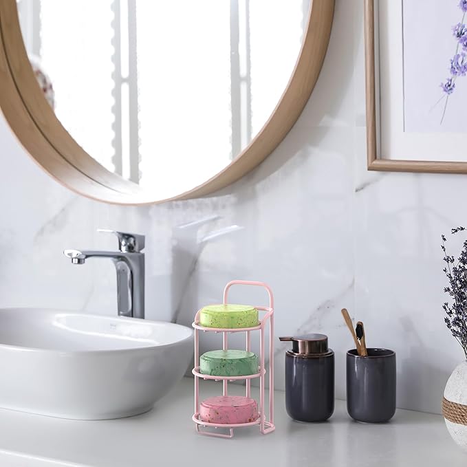 Pink 3-Tier Shower Soap Shampoo Bar Holder, Self Adhesive & Freestanding Draining Soap Dish Caddy for Bathroom Wall Accesories Decor-Velvo Beauty
