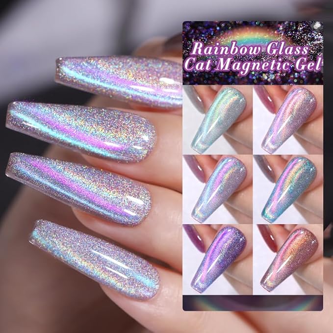 Born Pretty Magnetic Gel Nail Polish Holographic Glass Cat Magnetic Eye Gel Polish Nail Gel Soak Off Nail Art Salon Manicure Collection Gift 6pcs-Velvo Beauty
