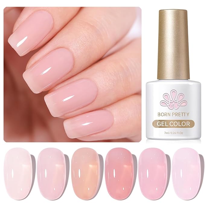 Born Pretty Jelly Pink Gel Nail Polish Nude Pink Sheer Translucent Gel Polish Milky Natural Gel Polish Set Nail Art Manicure DIY Kit Home Salon 6PCS-Velvo Beauty