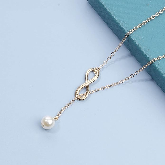 Boho Pearl Infinity Necklace Silver Y Pearl Necklace Minimalist Chain Y Lariat Necklace Chain Jewelry for Women and Girls-Velvo Beauty
