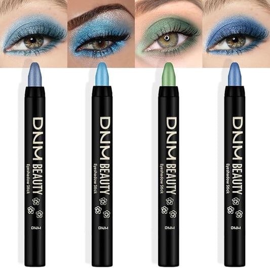 Kaely 4Pcs Metallic Shimmer Eye Shadow Sticks Set, Sky Blue Dazzling Blue Greenish Cyan Royal Blue, Eyeliner Pencil Eyeshadow Palette Halloween Makeup, Eye Highlighter Brightener Stick for Women-Velvo Beauty