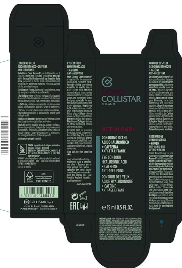 Collistar Uomo Attivi Puri Contorno Occhi Acido Ialuronico + Caffeina Anti-età Liftante, Eye Contour Hyaluronic Acid 15 ml, 0.5 Fl Oz Made in Italy [italian import]-Velvo Beauty