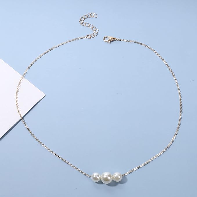 Boho Pearl Choker Necklace Gold Pearl Pendant Necklace Tiny Pearl Floating Necklace Minimalist Wedding Necklace Jewelry Women and Girls Gifts-Velvo Beauty