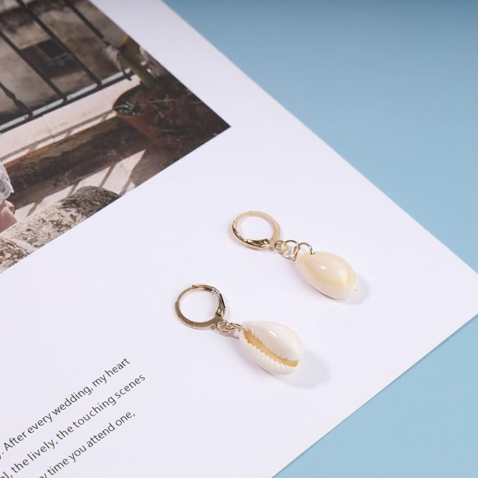 Natural Cowrie Shell Earrings Gold Boho Dangle Shell Drop Pendant Wedding Earrings Summer Beach Earrings Bridal Jewelry Gifts for Women and Girls-Velvo Beauty