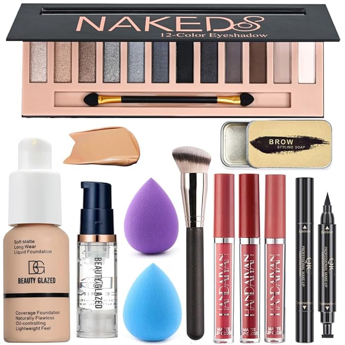 All in One Makeup Kit For Girls 12 Colors Naked Matte Eyeshadow Palette, Foundation Face Primer, Makeup Brush, Makeup Sponge, Eyebrow Soap Kit, Lipstick Set, Winged Eyeliner Stamp Makeup Set (SetE)-Velvo Beauty