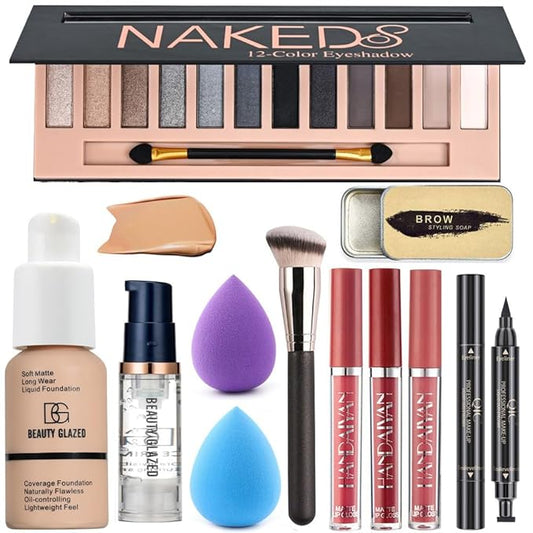 All in One Makeup Kit For Girls 12 Colors Naked Matte Eyeshadow Palette, Foundation Face Primer, Makeup Brush, Makeup Sponge, Eyebrow Soap Kit, Lipstick Set, Winged Eyeliner Stamp Makeup Set (SetE)-Velvo Beauty