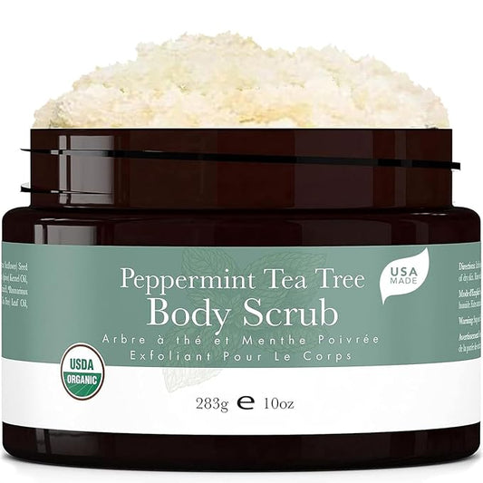 Peppermint Tea Tree Organic Body Scrub - USA Made Sugar Scrub with Natural Ingredients, Moisturizing Body & Foot Exfoliator for Dry and Sensitive Skin, Removes Dead Skin Cells & Reduces Ingrown Hair-Velvo Beauty