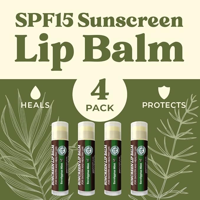 SPF Lip Balm 4-Pack by Earth's Daughter - Lip Sunscreen, SPF 15, Organic Ingredients, Eucalyptus Mint Flavor, Beeswax, Coconut Oil, Vitamin E - Hypoallergenic, Paraben Free, Gluten Free-Velvo Beauty