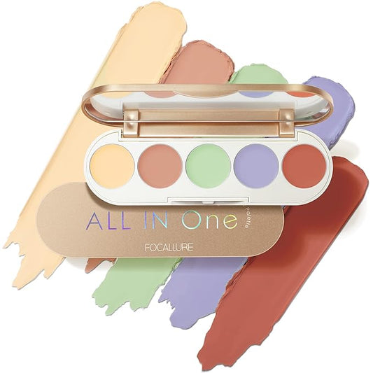 FOCALLURE #GoldenAge 5 in 1 Multi Uses Concealer Palette, 5 Colors Correcting Conceal Palette, Camouflage Contour Palettes for Dark Circles, Face Contouring Highlighter Pallet, CC02 COLOUR CORRECTING-Velvo Beauty