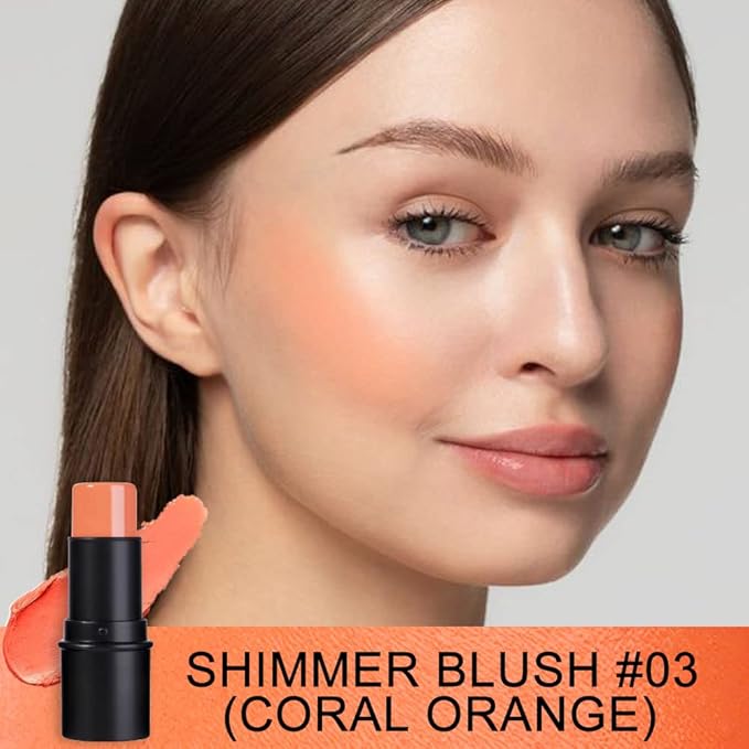 evpct 2Pcs Shimmer Orange Cream Blush Stick for Cheeks Lips Tint Eyes Contour Highlighter Makeup Sticks Lightweight Hydrating formula rubor en crema para los cachetes 02 Coral Pink & 03 Coral Orange-Velvo Beauty