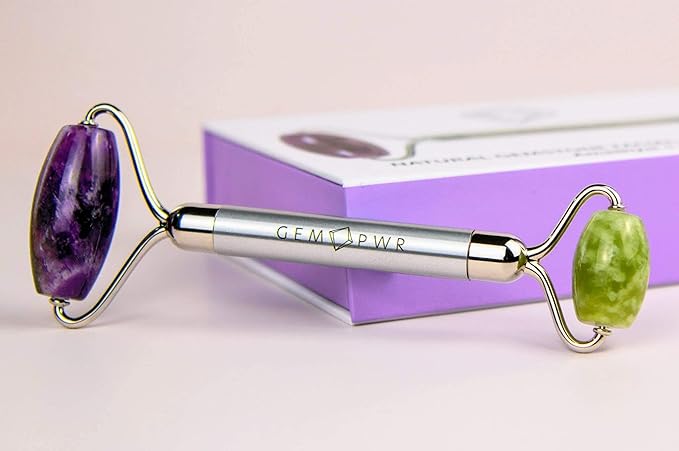 Amethyst + Jade Roller for Face and Neck Massage, Dual Gemstones with Durable Steel Handle and Travel Bag. Minimize Wrinkles, Reduce Puffiness and Restore Skin's Elasticity and Radiance-Velvo Beauty