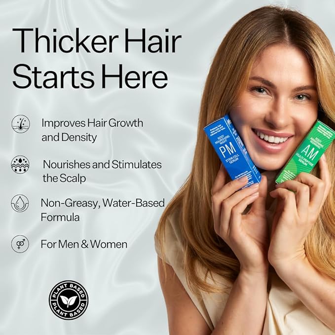 Peptide & Stem Cell Hair Growth Serum, AM & PM Bundle – Formula with Apple Stem Cells for Thicker, Stronger Hair – Stem Cell Scalp Serum for Hair Growth and Nourishment for Men & Women-Velvo Beauty