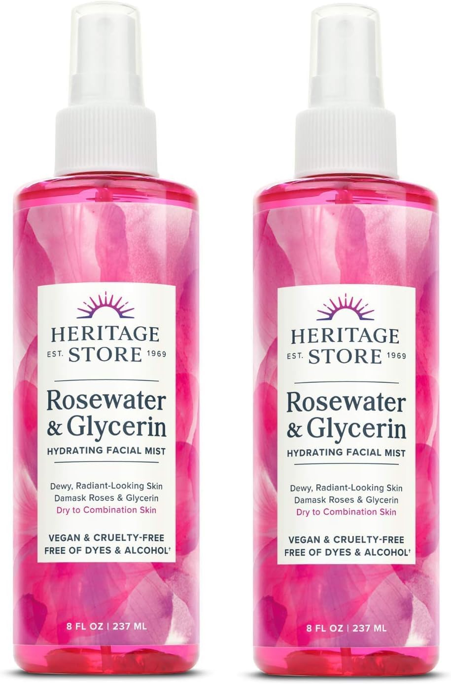 HERITAGE STORE Rosewater & Glycerin 2-pack - Hydrating Facial Mist - Dry Combination Skin Care - Rose Water Spray with Vegetable Glycerine - Made Without Dyes or Alcohol, Hypoallergenic, Vegan, 8oz ea-Velvo Beauty