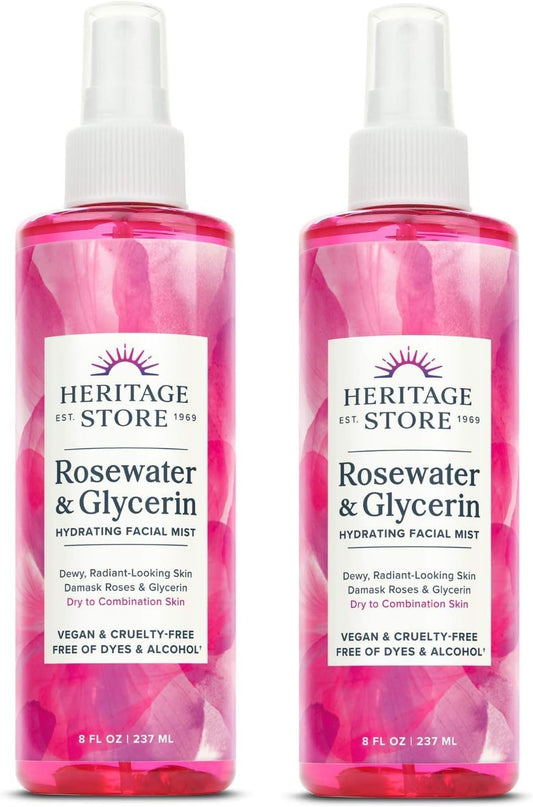 HERITAGE STORE Rosewater & Glycerin 2-pack - Hydrating Facial Mist - Dry Combination Skin Care - Rose Water Spray with Vegetable Glycerine - Made Without Dyes or Alcohol, Hypoallergenic, Vegan, 8oz ea-Velvo Beauty