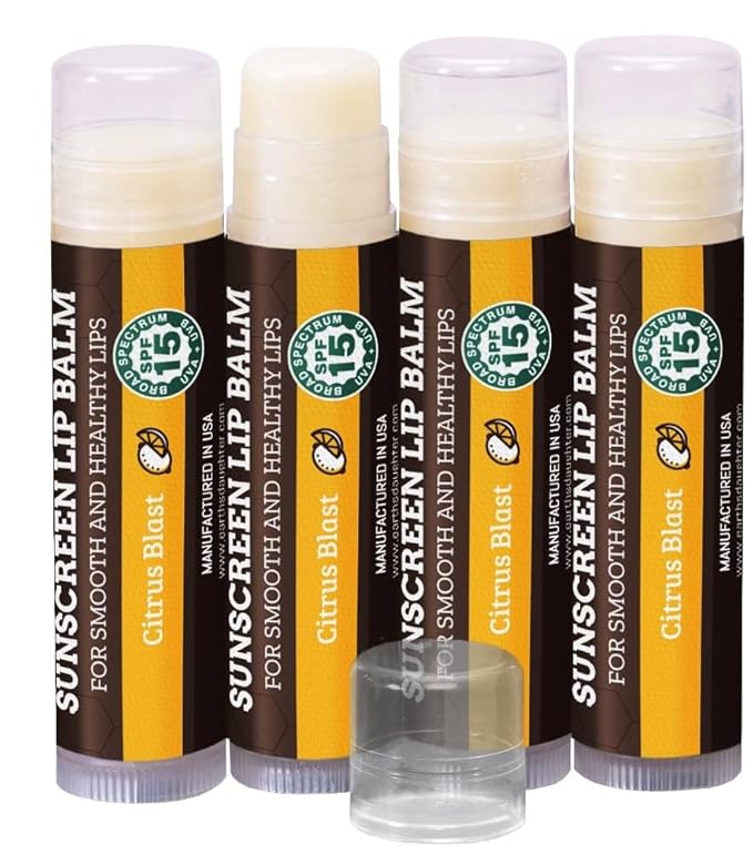 SPF Lip Balm 4-Pack by Earth's Daughter - Lip Sunscreen, SPF 15, Organic Ingredients, Citrus Flavor, Beeswax, Coconut Oil, Vitamin E - Hypoallergenic, Paraben Free, Gluten Free-Velvo Beauty