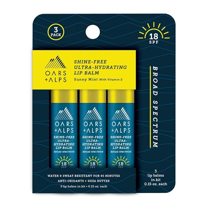 Oars + Alps Shine Free Lip Balm and SPF 18 Sunscreen, Lip Care with Sunny Mint Scent, Water and Sweat Resistant, 0.15 Oz Each, 3 Pack-Velvo Beauty