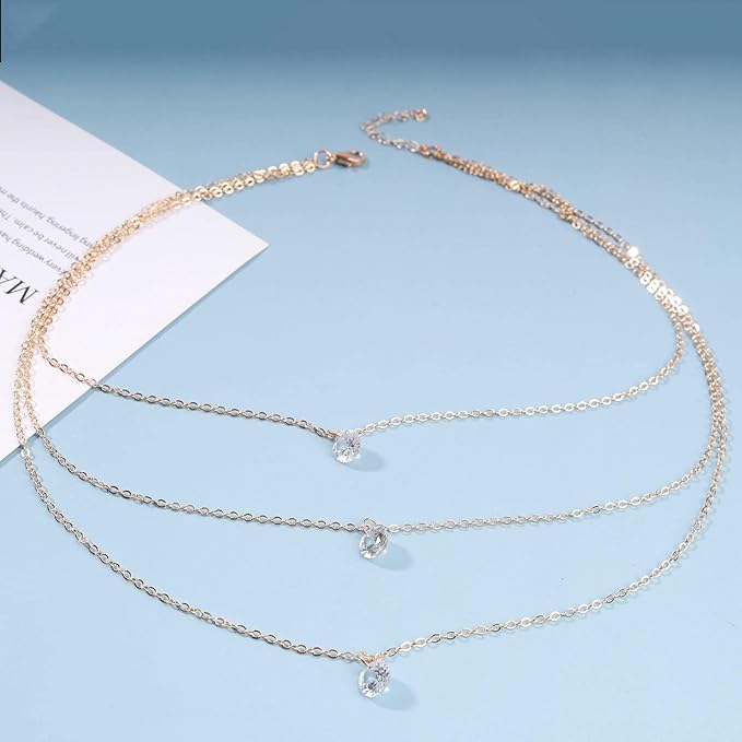 Boho Layered Crystal Necklace Choker Gold Bezel Pendant Necklace Multi Layering Vintage Necklace Chain Cz Bridal Necklace Chain Jewelry for Women and Girls-Velvo Beauty