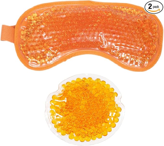 HOT +Cold Aqua Pearls Plush Eye Mask with Soft Plush Backing and Fully Adjustable Strap, Bonus Mini Round pad-2PACKS(Orange, Eye Mask+ Mini Round Pad)-Velvo Beauty