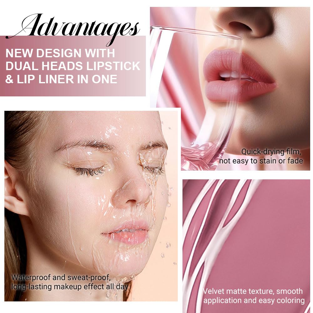 evpct 1Pcs Neutral Mauve Matte Lip Liner and Liquid Lipstick Stain Makeup Set for Women, Mauve Long Lasting Smudge Proof Lipstick labiales matte mate larga duracion listip 24 hours originales, 34#-Velvo Beauty