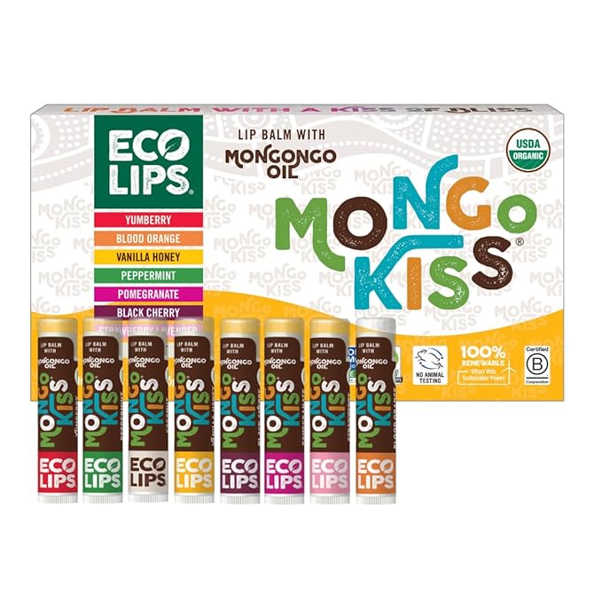 Mongo Kiss USDA Organic Lip Balm Set 8-pack (0.15 oz. each) with Mongongo Oil & Cocoa Butter to Moisturize Chapped Lips | Made in USA by Eco Lips (Variety)-Velvo Beauty