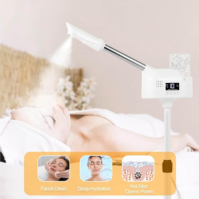 Professional Facial Steamer, Facial Steamer with Hot Mist and Timer Function, Adjustable Height Face Steamer on Wheels with 360° Rotatable Nozzle and Touch Screen for Deep Hydration and Cleaning-Velvo Beauty