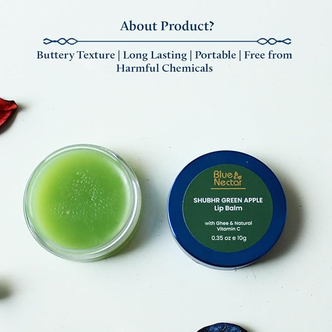 Blue Nectar Shubhr Green Apple Lip Balm & Gloss with Ghee & Natural Vitamin C for dry chapped lips with intense moisturization |100% Ayurvedic | Paraben & Sulphate Free| (0.5 oz,10 Herbs)-Velvo Beauty