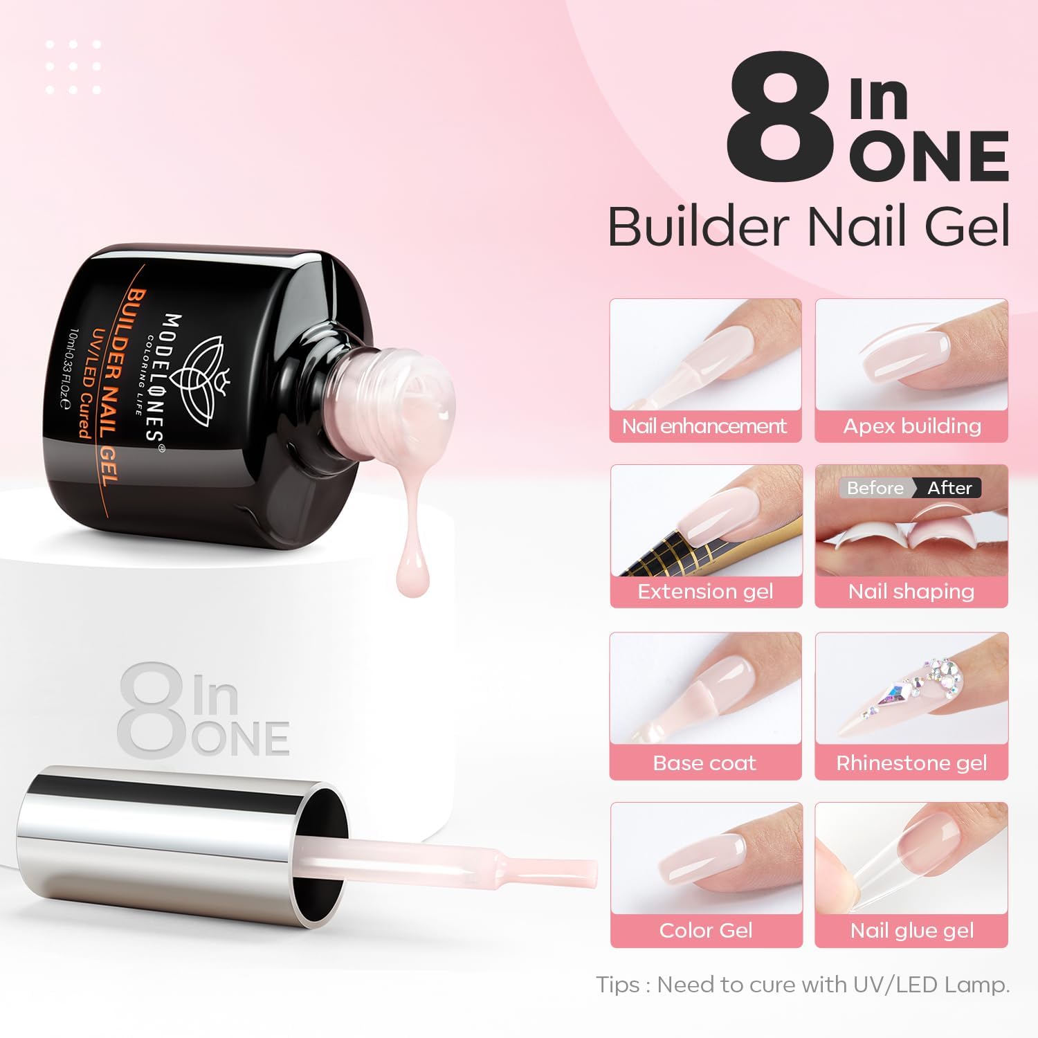 modelones Nail Dehydrator and Primer with Builder Nail Gel, 3Pcs Cover Nude Pink LED Gel Builder Polish Base Coat Prep Dehydrate & Bond Primer for Apex Building Thickening 10ml Home DIY Salon-Velvo Beauty