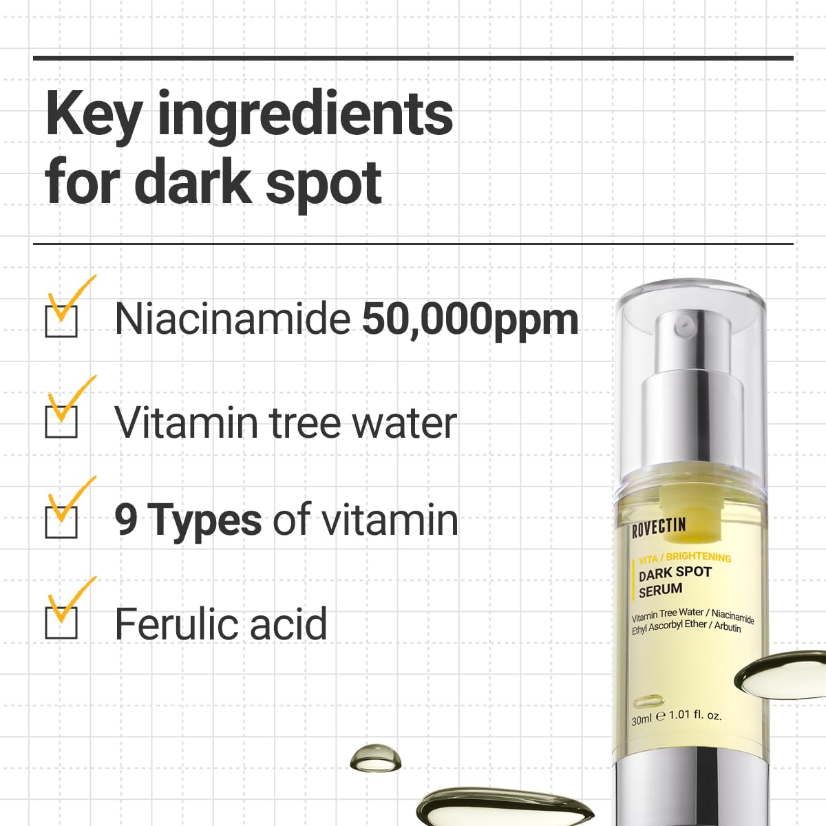 ROVECTIN Vita Dark Spot Serum for Clearing Blemish and Evening Skin Tone | Rich Vitamin C, Brightening, Hydrating For Dry, Sensitive, Normal, Oily Skin | Vegan K-Beauty (1.01 Fl. Oz, 30ml)-Velvo Beauty