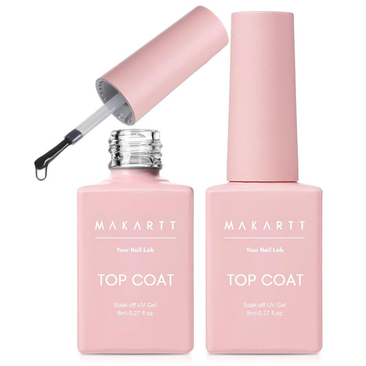 Makartt Gel Top Coat - 2PCS No Wipe Top Coat Gel Nail Polish, Long-Lasting Glossy Finish, Clear Nail Polish, Non-Yellowing, Pink Bottle, Soak Off with UV/LED Lamp, DIY Manicure Gift for Women-Velvo Beauty