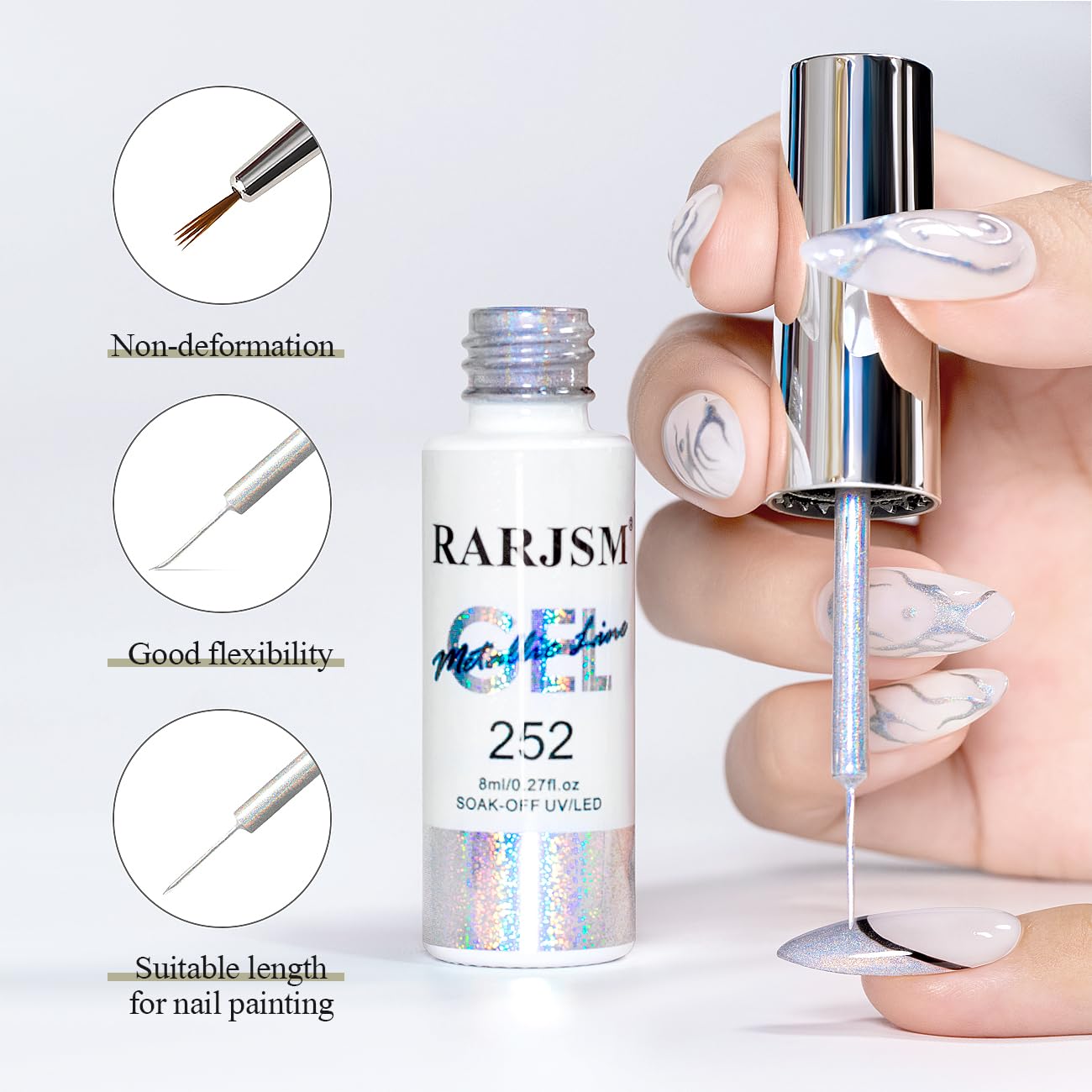 RARJSM Metallic Silver Nail Art Gel Liner Mirror Chrome 3D Holographic Laser Rainbow Effect Gel Nail Polish 8ml Build in Thin Brush Painted Drawing Striper Painting Curing Requires for Home Salon-Velvo Beauty