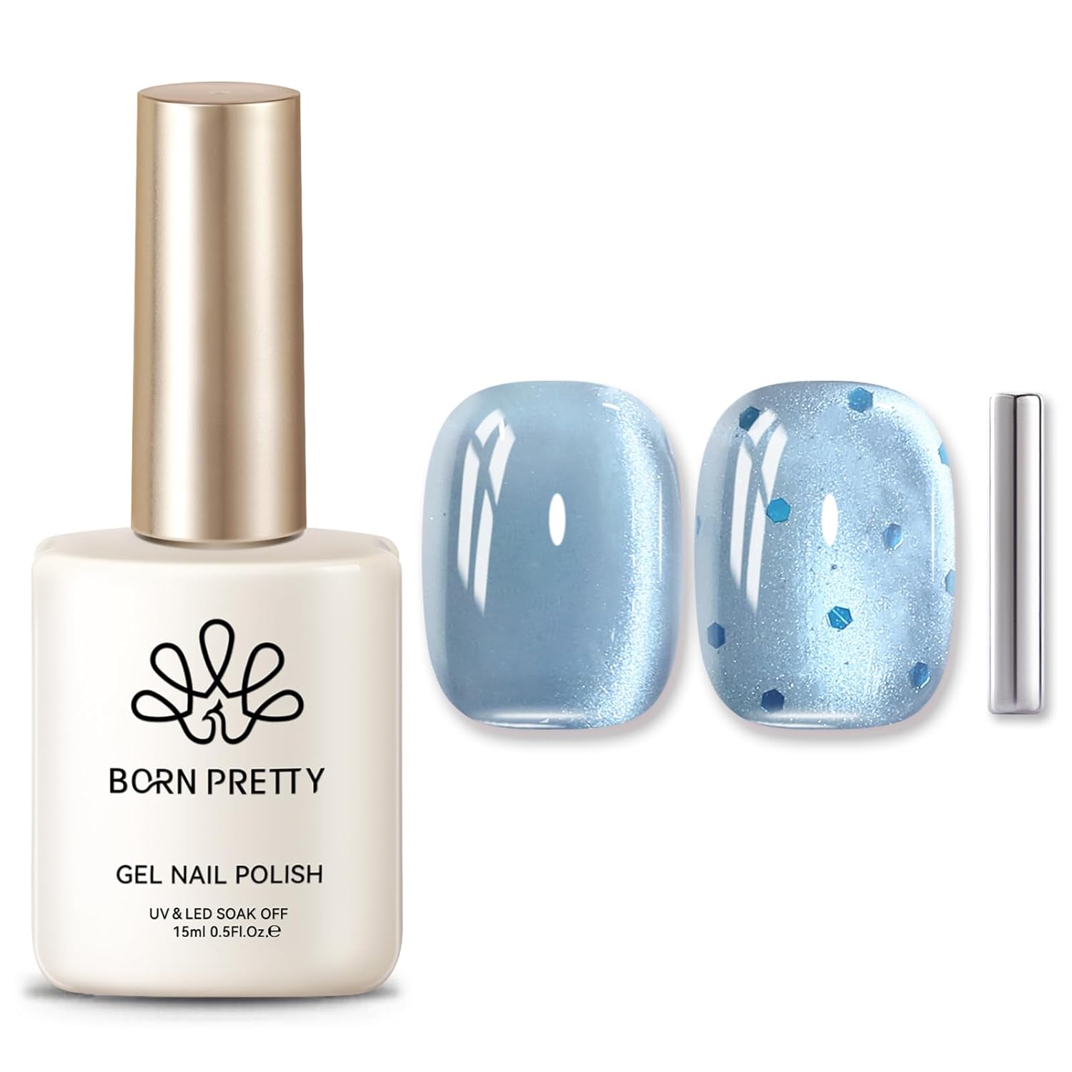 BORN PRETTY Cat Magnetic Eye Gel Nail Polish, Blue Glitter Cat Magnetic Gel Nail Polish, Crescent Bay Magnetic Nail Polish for Nail Art Manicure Salon DIY at Home 15ML-Velvo Beauty