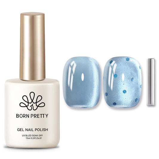 BORN PRETTY Cat Magnetic Eye Gel Nail Polish, Blue Glitter Cat Magnetic Gel Nail Polish, Crescent Bay Magnetic Nail Polish for Nail Art Manicure Salon DIY at Home 15ML-Velvo Beauty