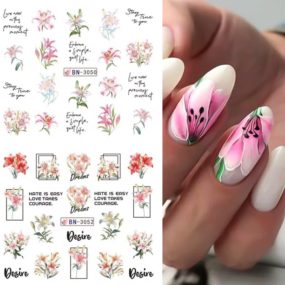 12 Designs Flower Nail Art Stickers - Lily Acrylic Decals for Spring Summer Decorations - Colorful Assorted Floral Water Transfer Slider Foil Sticker for Women-Velvo Beauty