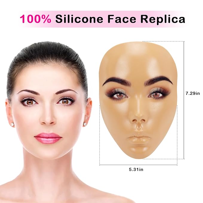 3D Makeup Practice Face Board,Reusable Silicone Makeup Practice Face/Makeup Mannequin Face,with Makeup Brushes Set&Dual head Eyebrow Pencils&a Pair of Eyelashes&a Makeup Bag&makeup remover towel-Velvo Beauty