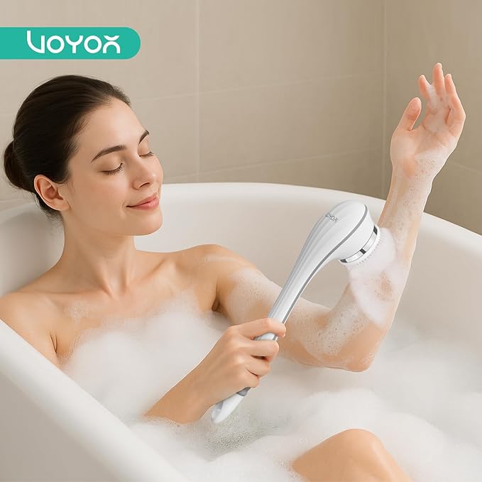 VOYOR Electric Body Brush Back Scrubber for Shower Rechargeable Exfoliating Bath Brush Powered Shower Brush with Non-Slip Long Handle Deep Cleansing, Exfoliation, Massaging Spin Brush BC100 (Gery)-Velvo Beauty