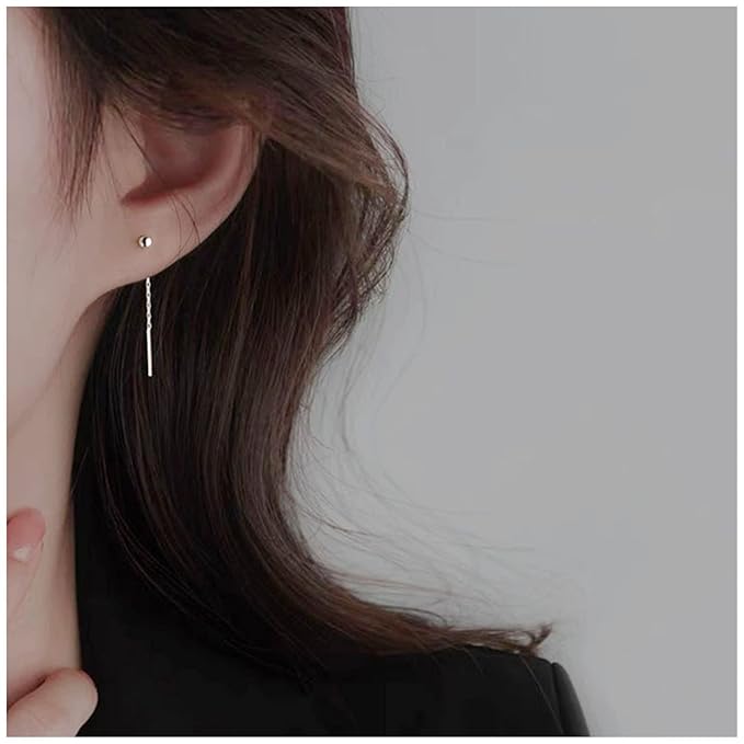 Boho Bar Threader Earrings Silver Line Earrings String Drop Dangle Earrings Pull Through Long Chain Earrings Jewelry for Women and Girls-Velvo Beauty