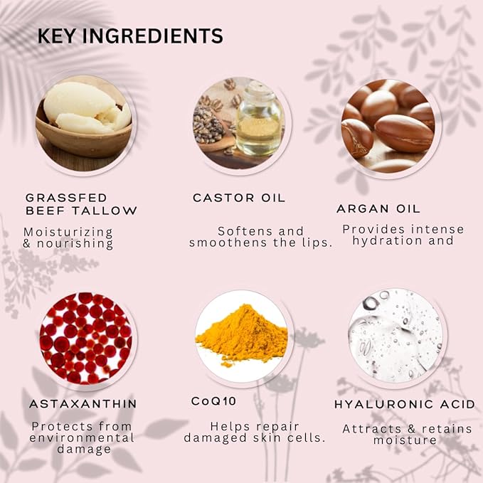 Natural Lip Balm - 100% Grass-fed Beef Tallow, Argan Oil, CoQ10, Astaxanthin, Hyaluronic Acid - Moisturizing, Organic - Made in USA (Cool Rose)-Velvo Beauty