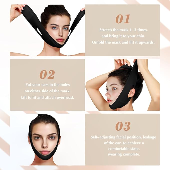 Reusable V Line Lifting Mask with Chin Strap, V Shaped Face Mask for Sagging, Jaw Exerciser (Black)-Velvo Beauty