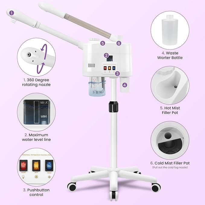 Professional Facial Steamer, 2 in 1 Facial Steamer on Wheels for Cold Mist & Hot Mist & Timer Function, Stand Face Steamer Adjustable Height for Spa, Salon and at Home use-Velvo Beauty