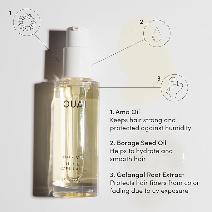 OUAI Hair Oil - Hair Heat Protectant Oil for Frizz Control - Adds Shine and Smooths Split Ends - Color Safe Formula - Paraben, Phthalate and Sulfate Free (1.5 fl oz)-Velvo Beauty