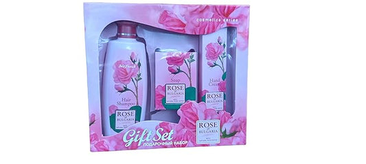 Gift set"Rose of Bulgaria" for WOMEN - HAIR SHAMPOO for Women, COSMETIC SOAP for Women, HAND CREAM with Rose Essential Oil and Rose Water-Velvo Beauty