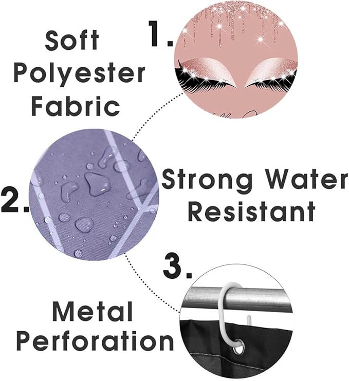 4PCS Hello Gorgeous Shower Curtain Set, Eyelash Makeup Glam Fashion Girly Pink Bathroom Decor for Women Girls, Waterproof Fabric Shower Curtain, Non-Slip Bath Mat Toilet Rug, Rose Gold Glitter-Velvo Beauty