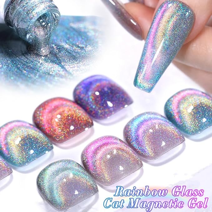 Born Pretty Magnetic Gel Nail Polish Holographic Glass Cat Magnetic Eye Gel Polish Nail Gel Soak Off Nail Art Salon Manicure Collection Gift 6pcs-Velvo Beauty