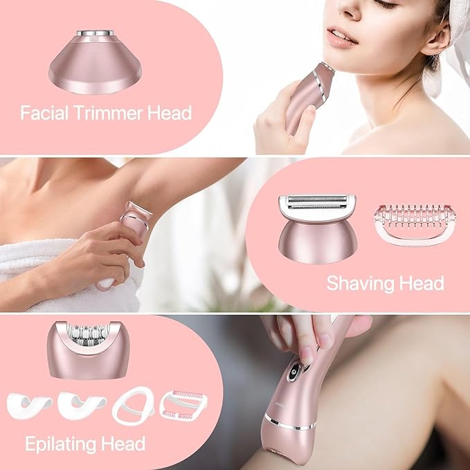 Hatteker Electric Shaver for Women Lady Epilator Electric Razors Kit Hair Remover for Face Chin Arm Leg Armpit Bikini Trimmer Painless Waterproof USB Rechargeable Dry Wet with Detachable Head 3 in 1-Velvo Beauty